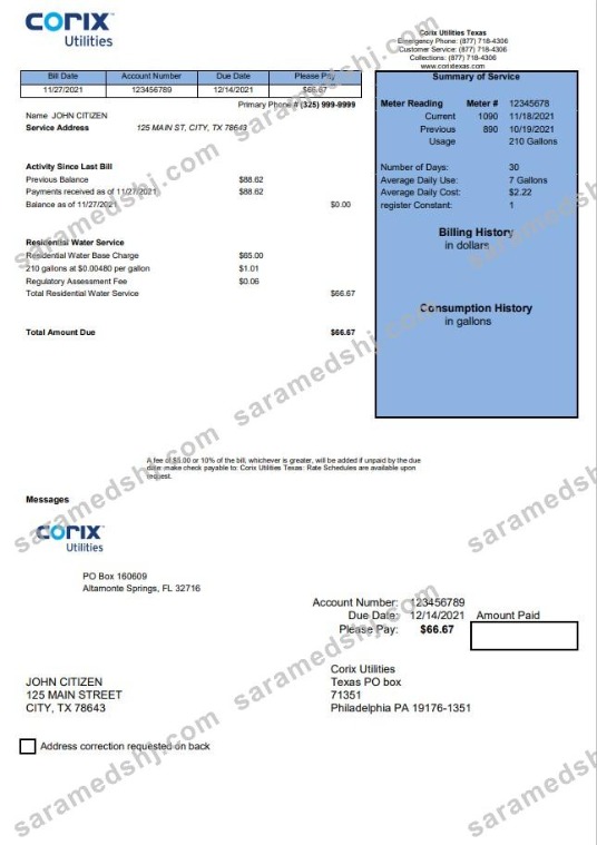USA Corix Utilities bill template in Word and PDF format